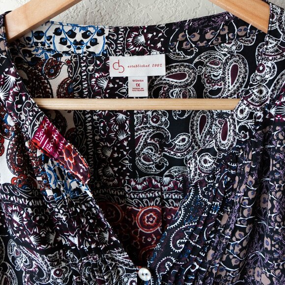 DB Peasant Blouse Size 1X Patchwork Print Pleated Long Sleeve Popover Top Boho - Picture 2 of 6